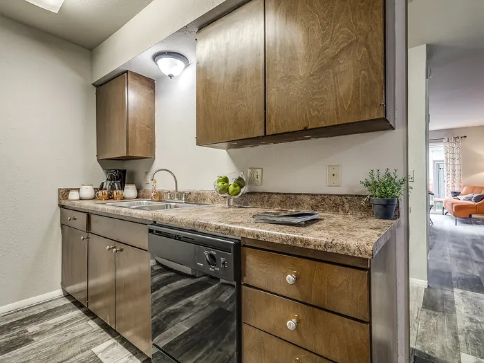 Charming kitchen with sleek wood cabinets, modern appliances, and inviting decor, leading to a cozy living area with natural light.