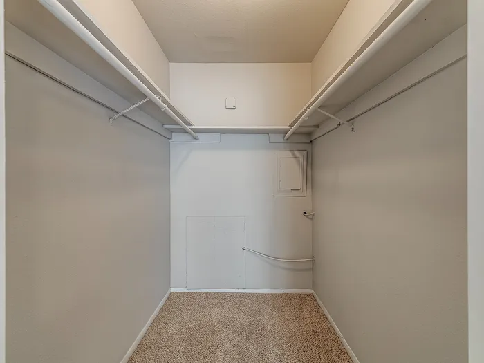 Spacious walk-in closet with ample hanging space and plush carpeting, ideal for organized living.