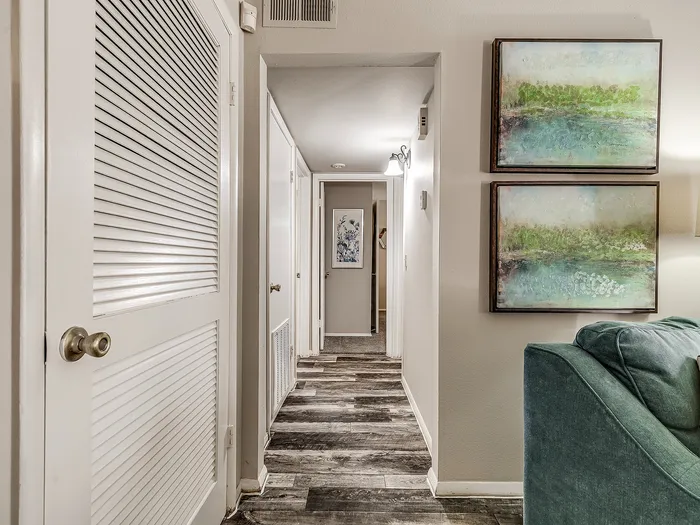 Inviting hallway with stylish wood flooring, modern decor, and ambient lighting in a contemporary apartment.