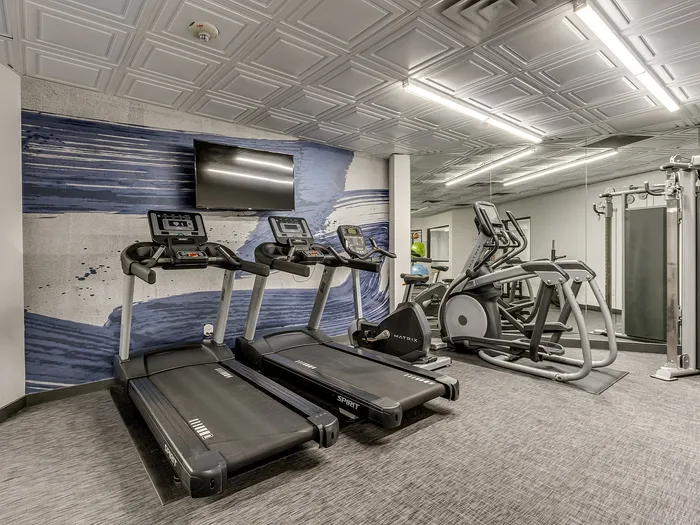 Modern fitness center with treadmills and elliptical machines against a stylish mural accent wall.