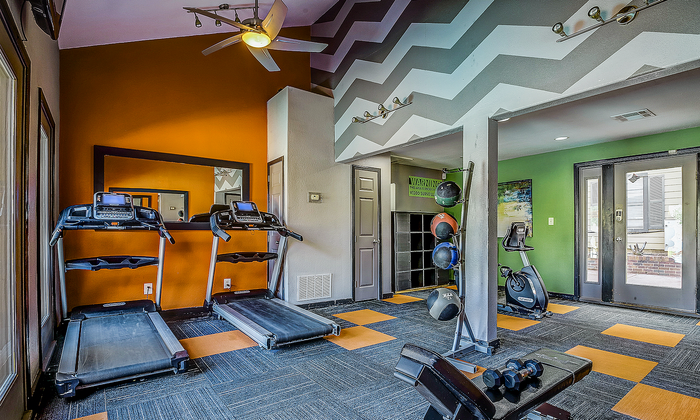 Vibrant home gym with modern exercise equipment, including treadmills, dumbbells, and vibrant wall accents for an energetic workout space.
