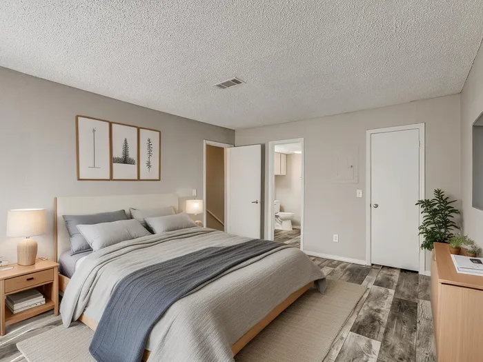 Inviting bedroom with soft neutral tones, modern decor, and cozy bedding, featuring a stylish ensuite bathroom.