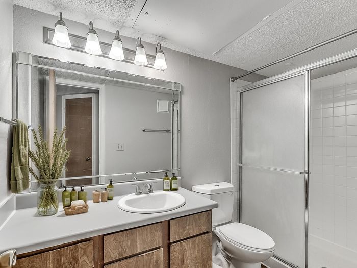 Modern bathroom with sleek lighting, large mirror, and glass shower door, complemented by natural wood cabinetry and fresh greenery.