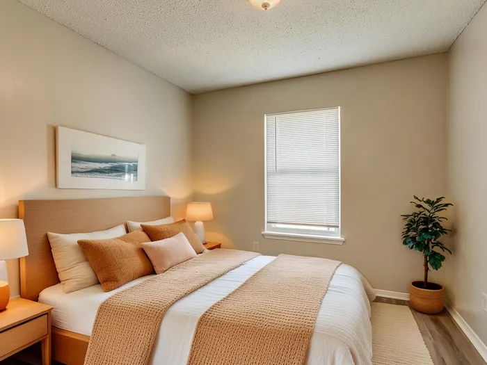 Cozy bedroom with a soft, inviting aesthetic featuring a comfortable bed, warm lighting, and a touch of greenery for a serene retreat.