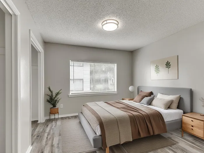 Contemporary bedroom with cozy decor, featuring a plush bed, modern furniture, and natural light.