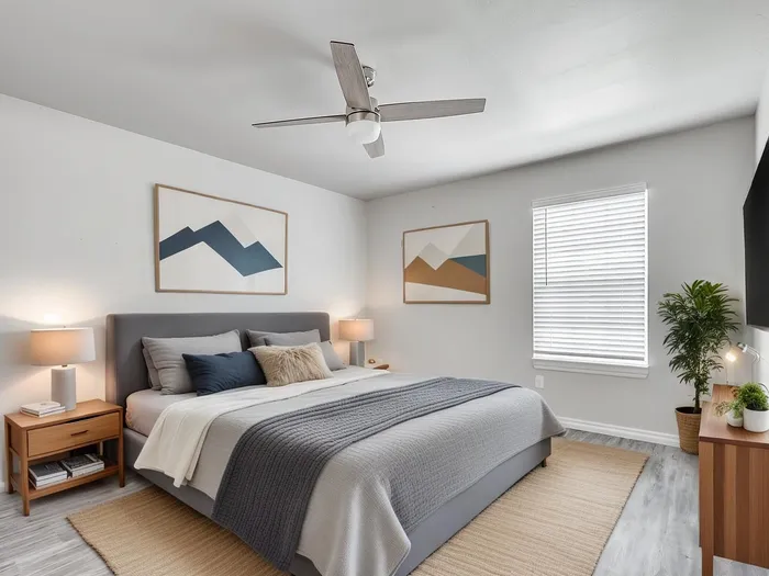 Inviting bedroom with cozy king-size bed, modern art, and natural light creating a serene ambiance.
