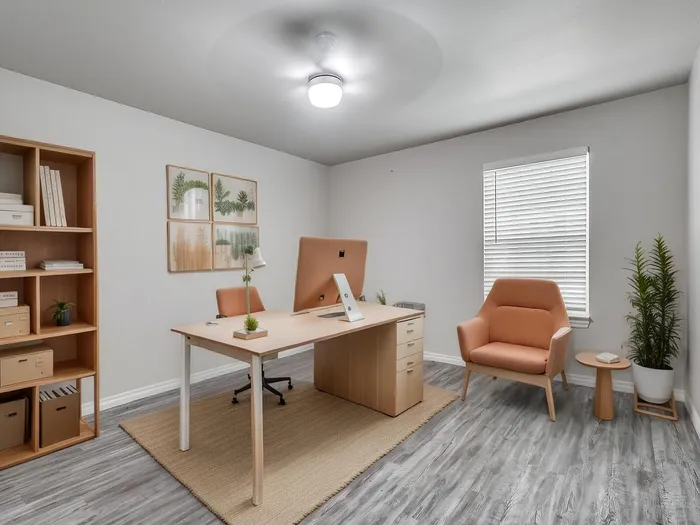 Sleek home office with modern furniture, open shelving, and natural light.