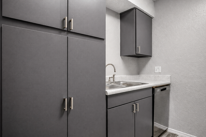 Modern kitchen with sleek gray cabinets, elegant stainless steel handles, and a spacious dual-basin sink.