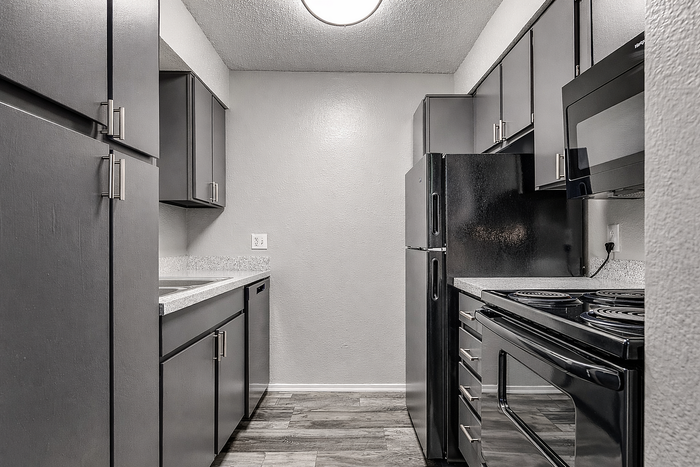 Contemporary kitchen with sleek black appliances, modern cabinetry, and wood-style flooring.