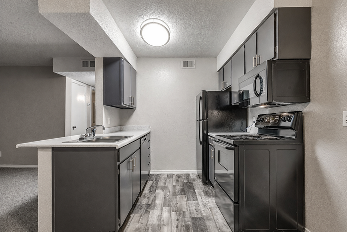 Modern kitchen with sleek dark cabinets, stainless steel appliances, and stylish laminate flooring, offering a contemporary and functional cooking space.