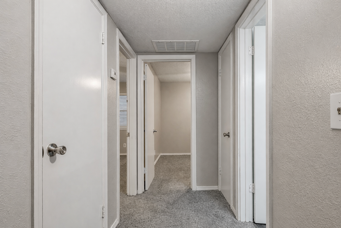 Inviting apartment hallway with modern doors leading to spacious rooms, featuring soft carpeting and neutral wall tones for a cozy atmosphere.