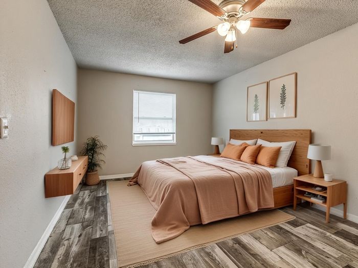 Inviting bedroom with modern wooden accents, plush bedding, and cozy lighting on rustic wooden floors.