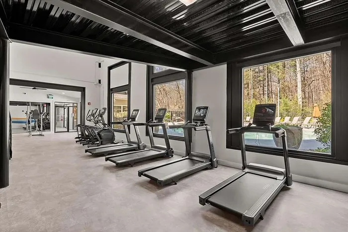 Modern gym with large windows revealing a scenic outdoor view, featuring multiple treadmills and exercise equipment for a refreshing workout experience.