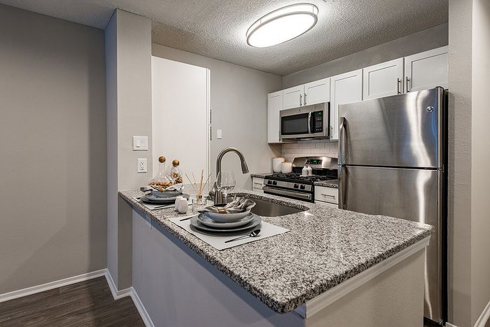 Modern kitchen with elegant granite countertops, stainless steel appliances, and stylish place settings.