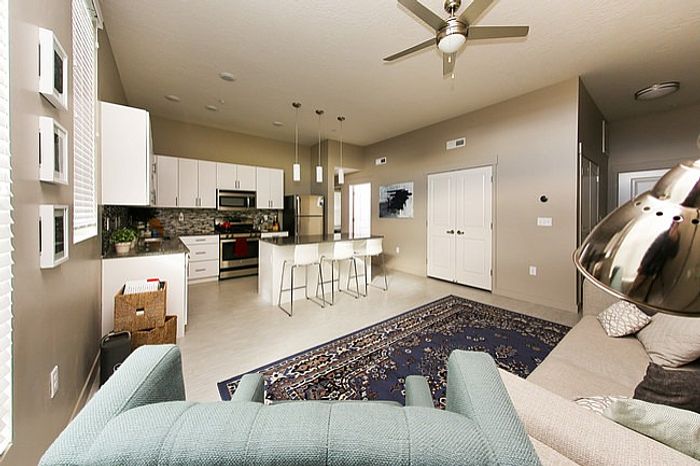 Contemporary living space with open kitchen, cozy seating, and modern decor.