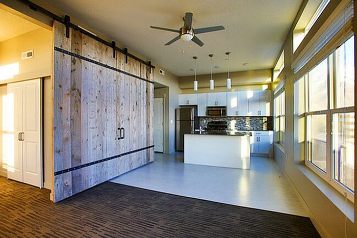 Contemporary open-concept loft with a natural wood sliding door, sleek kitchen, and abundant natural light.