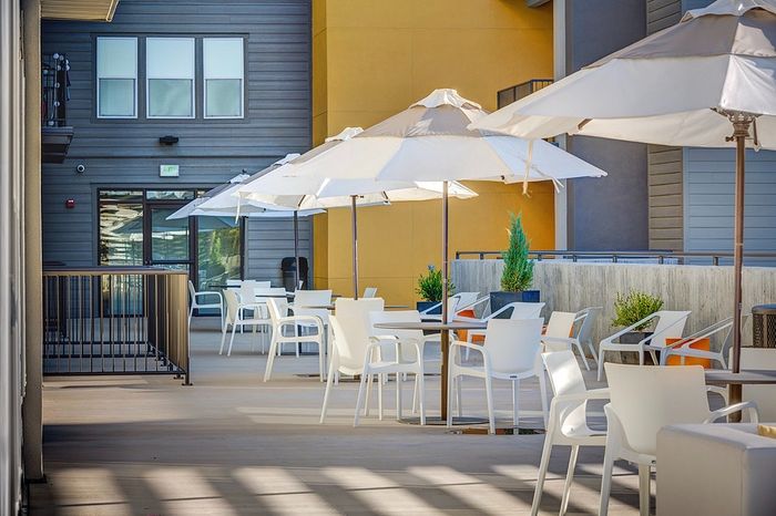Apartments Bear Harmony Park Millcreek UT - ViA - Outdoor Patio with Patio Furniture, Including Chairs, tables with Umbrellas, Surrounded by Potted Plants and Apartment Buildings.