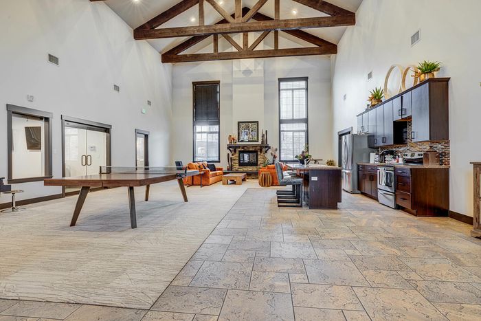 Spacious modern loft with high ceilings, wooden beams, a sleek kitchen, and cozy seating area for ultimate comfort.