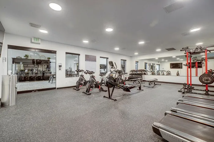 Modern fitness center with state-of-the-art equipment, including treadmills, exercise bikes, and weights, perfect for a comprehensive workout experience.