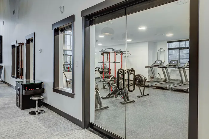 Modern fitness center with large windows, featuring state-of-the-art treadmills, weight machines, and a sleek design.