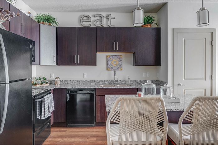 Modern kitchen with sleek dark cabinets, granite countertops, stylish pendant lighting, and chic decor accents.