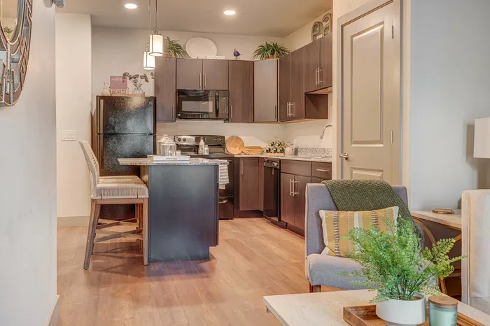 Chic open-concept kitchen and living area featuring elegant dark wood cabinets, modern appliances, and cozy seating.