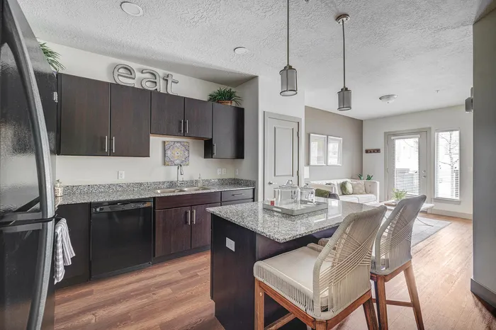 Modern open-concept kitchen with sleek dark cabinets, granite countertops, and stylish pendant lighting, leading into a bright living area with large windows and cozy seating.