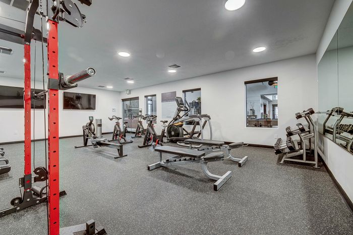 Modern fitness center with state-of-the-art cardio machines, weightlifting equipment, and sleek interior design.