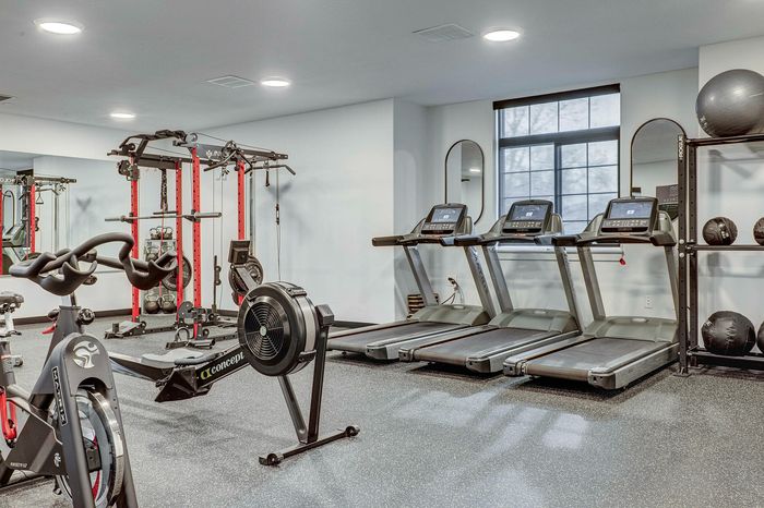 Modern apartment gym with treadmills, a rowing machine, weight rack, and cycling equipment, offering a bright and well-equipped fitness space.