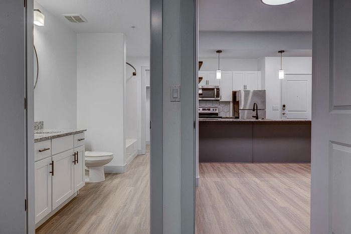 Modern apartment showcasing sleek kitchen with stainless steel appliances and spacious bathroom with elegant fixtures.