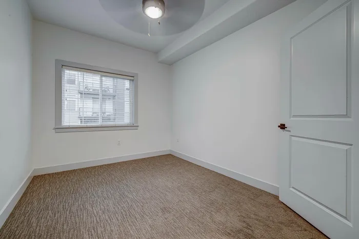 Bright and inviting empty room with plush carpet, modern ceiling fan, and large window offering natural light and an outdoor view.