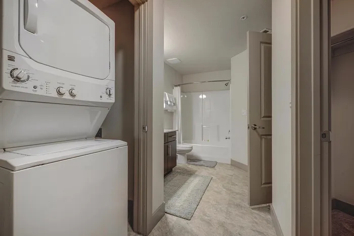 Modern apartment bathroom with sleek built-in washer and dryer, featuring stylish tile flooring and contemporary fixtures.