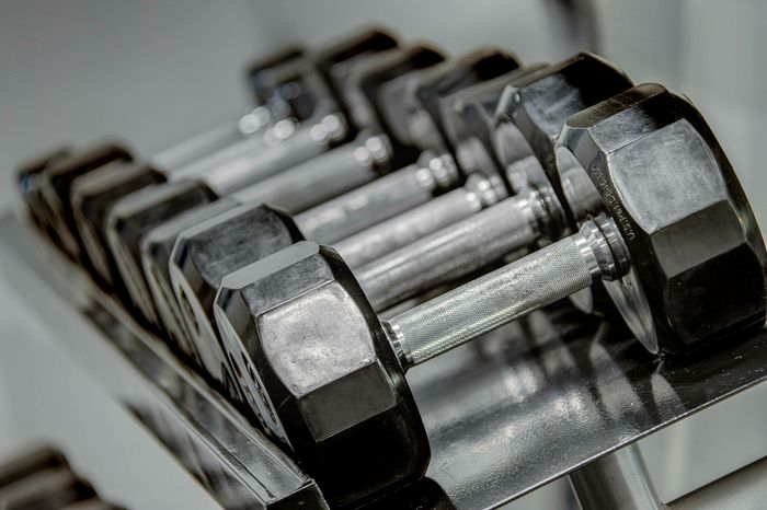 Close-up of sleek, modern dumbbells on a rack, perfect for a stylish home gym or apartment fitness area.