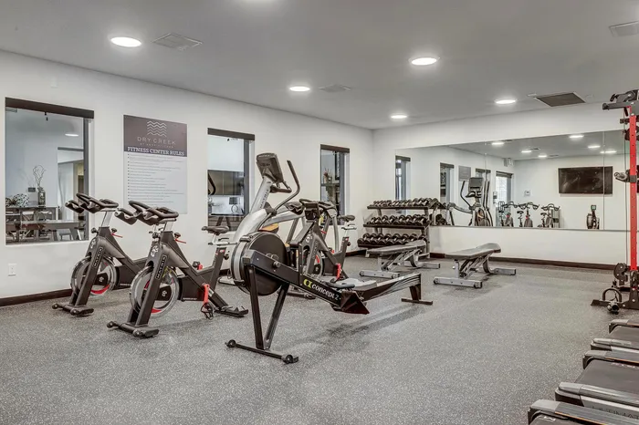 Modern fitness center featuring state-of-the-art exercise bikes, rowing machine, and a well-equipped weight area with mirrors.