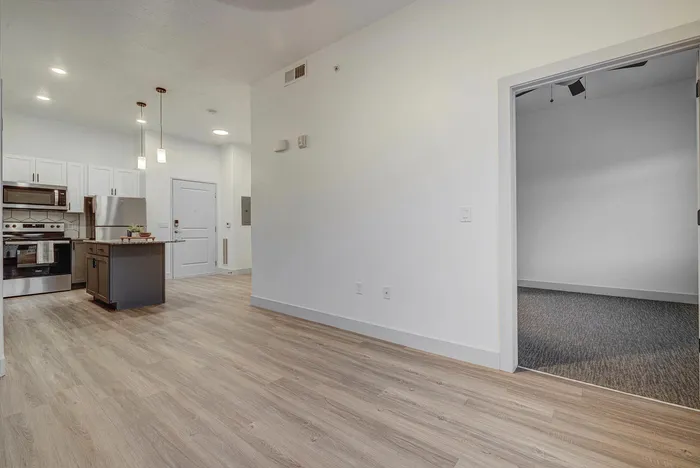 Modern apartment interior showcasing sleek kitchen with stainless steel appliances, inviting open space with elegant flooring, and a cozy adjacent room.
