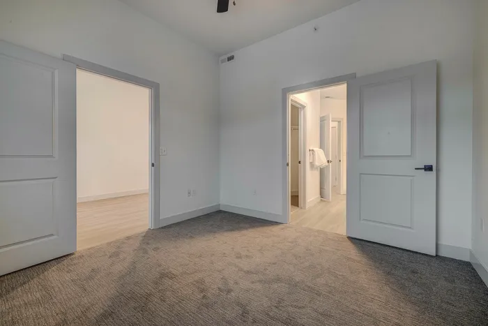 Elegant bedroom with plush carpeting, featuring two open doors leading to a bright, spacious hallway and a modern bathroom.