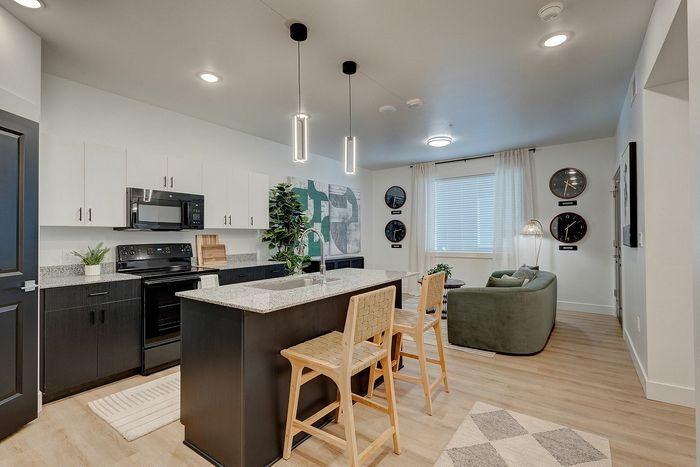 Spacious and modern open-concept kitchen and living area featuring sleek cabinetry, elegant lighting, and a cozy seating arrangement.