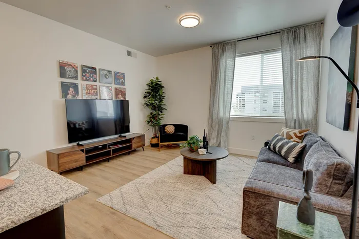 Chic living room with modern decor, featuring a stylish gray sofa, sleek TV setup, vibrant artwork, and abundant natural light.