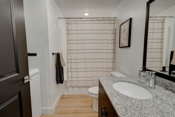 Elegant bathroom featuring modern granite countertop, stylish framed artwork, and a chic plaid shower curtain creating a cozy ambiance.
