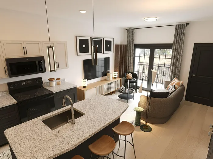 Modern apartment interior with a stylish open-concept kitchen and cozy living area, featuring sleek countertops, contemporary lighting, and large windows offering natural light.