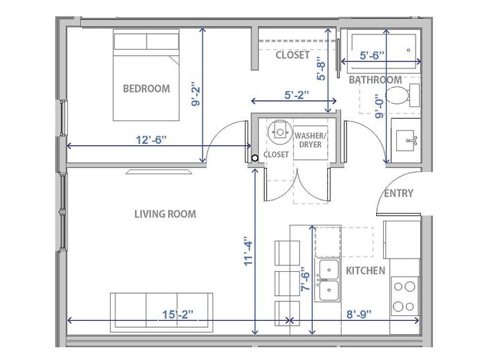 Chic one-bedroom floor plan with an expansive living room and modern kitchen in Provo, Utah.