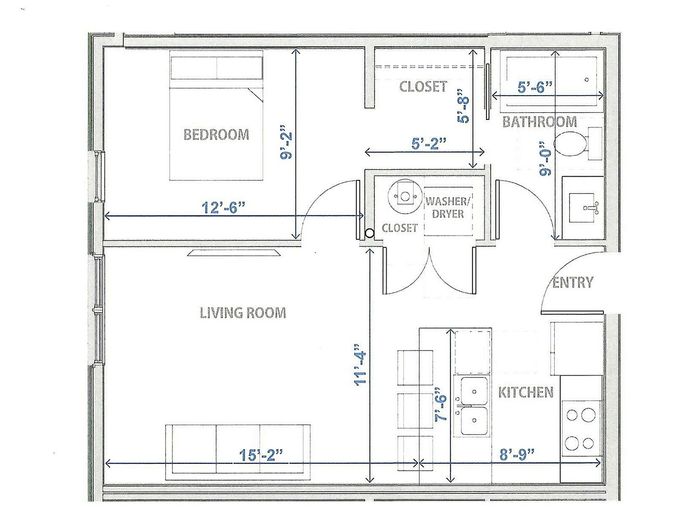 Detailed floor plan featuring 1 bedroom, a modern living area, and a functional kitchen in Provo, Utah.