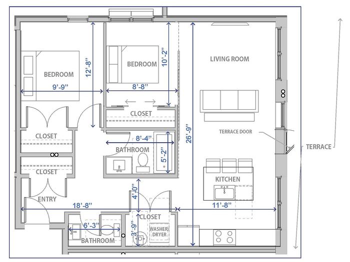 Provo Utah floor plan with 2 bedrooms, open living room, kitchen, and terrace.