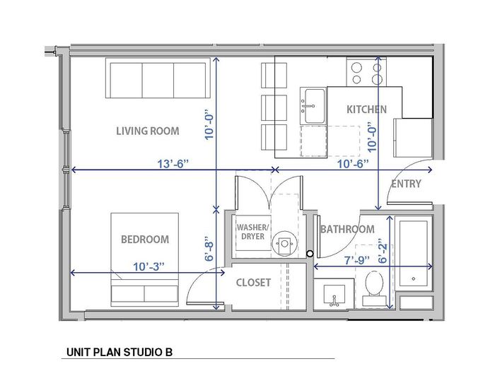 Contemporary studio apartment floor plan with open kitchen, cozy bedroom, and modern living area in Provo, Utah.