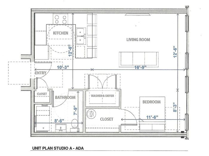 Efficient studio apartment floor plan featuring a bedroom, living room, kitchen, and bathroom with ADA accessibility.