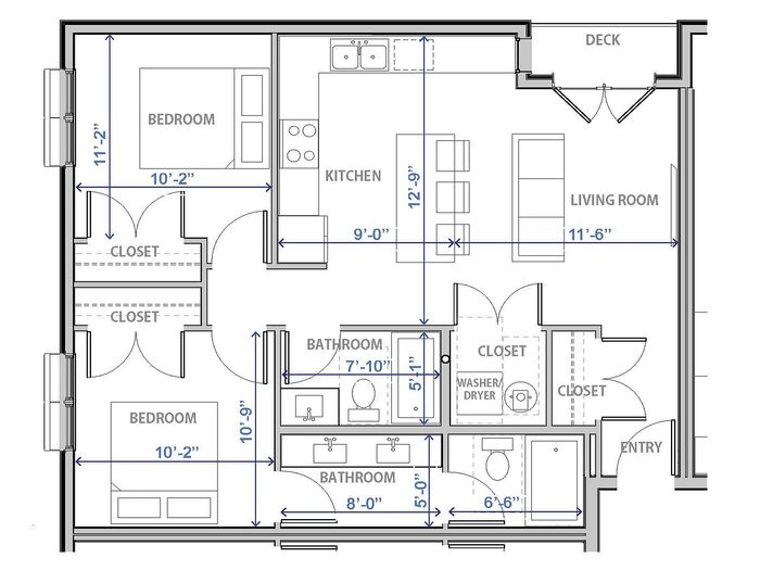 Elegant 2D floor plan of a modern Provo apartment featuring 2 bedrooms, a kitchen, and a living area with a deck.