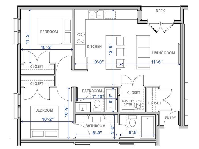 Elegant 2D floor plan showcasing 2 bedrooms, a kitchen, and an open living space with a deck in Provo, Utah.