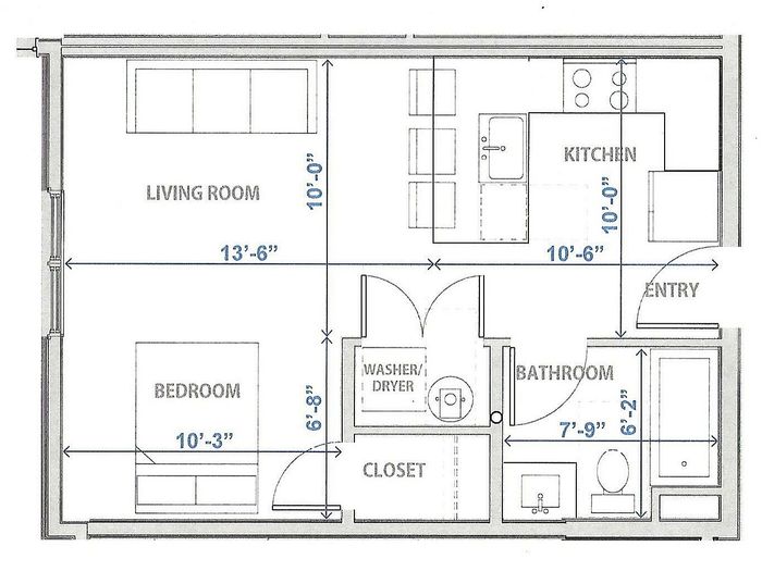 Chic studio floor plan highlighting a bedroom, living room, and modern kitchen in a compact layout.