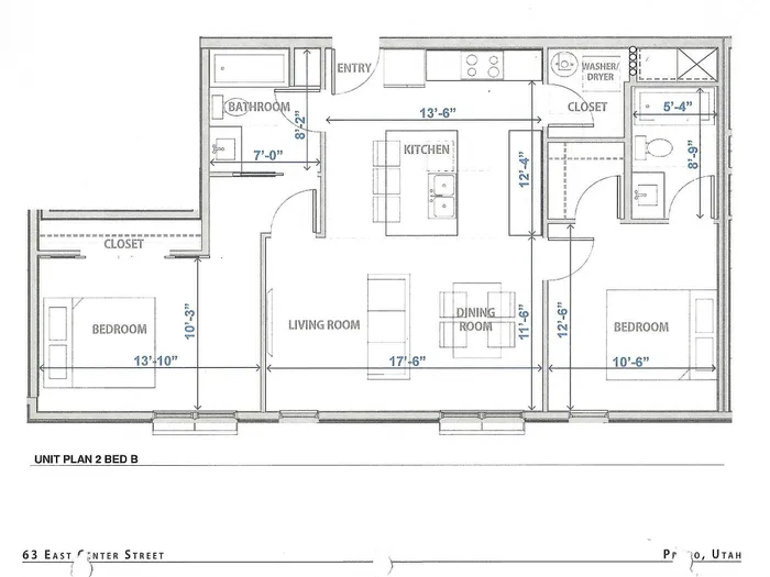 2-bedroom apartment floor plan featuring an open living room, dining area, and a modern kitchen.