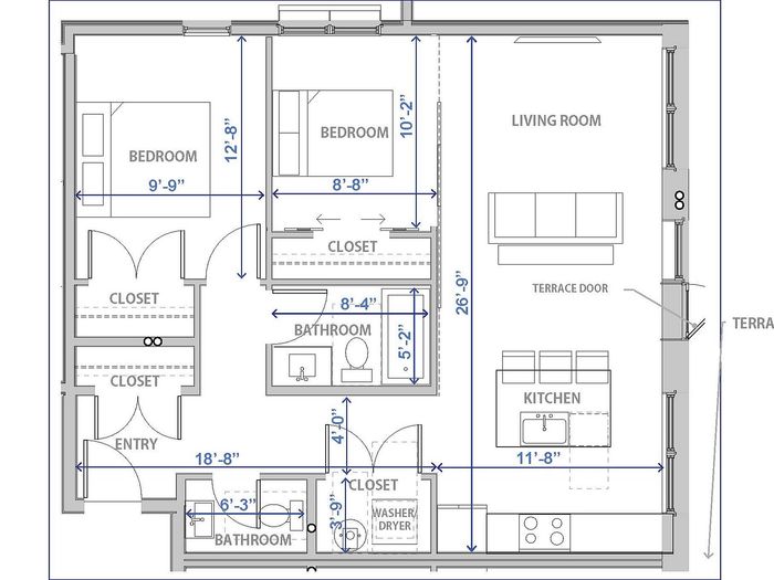 Floor plan displaying two bedrooms, bathroom, kitchen, and living room with terrace access.